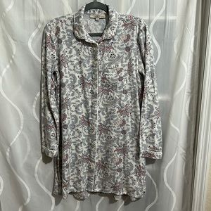 Loft Floral Print, Button Front, Flannel Sleepshirt, Size Small